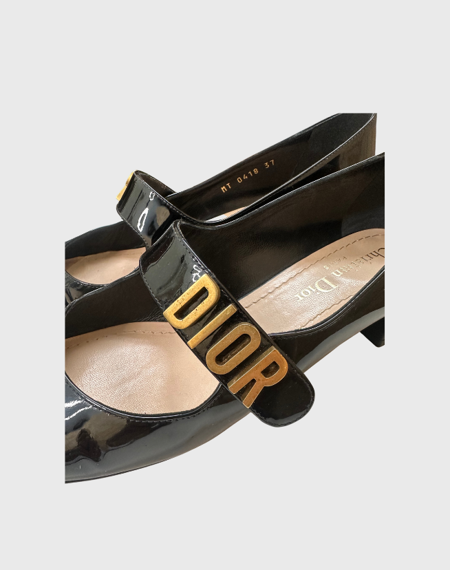 DIOR BLACK PATENT LEATHER BABY-D MARY JANE PUMPS - SIZE 37