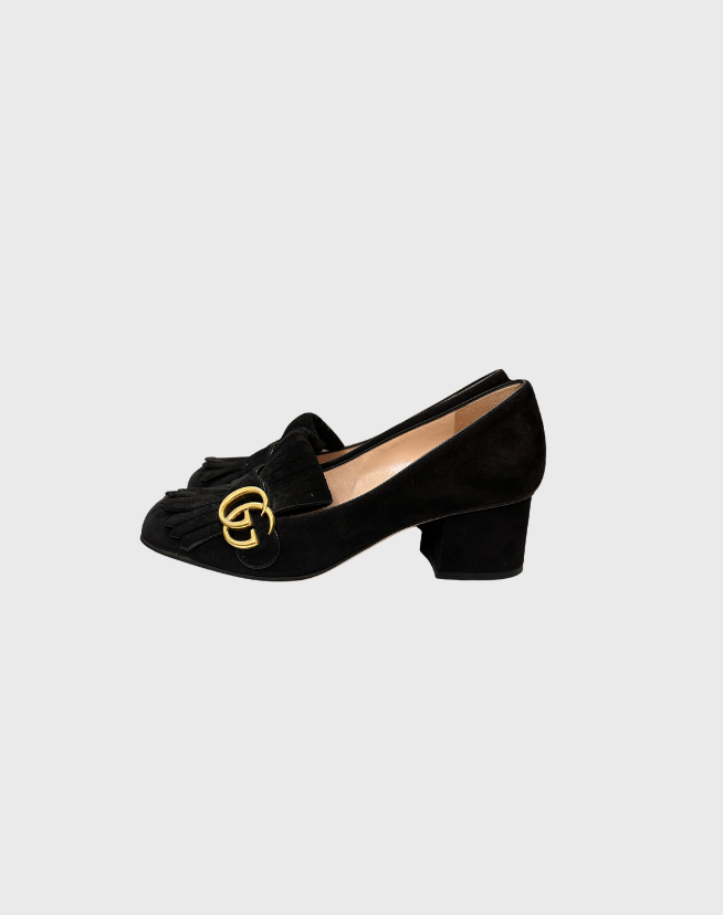GUCCI MARMONT DOUBLE G FRINGED SUEDE MID-HEEL - SIZE 38