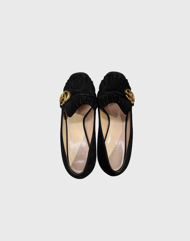 GUCCI MARMONT DOUBLE G FRINGED SUEDE MID-HEEL - SIZE 38