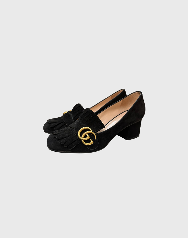 GUCCI MARMONT DOUBLE G FRINGED SUEDE MID-HEEL - SIZE 38