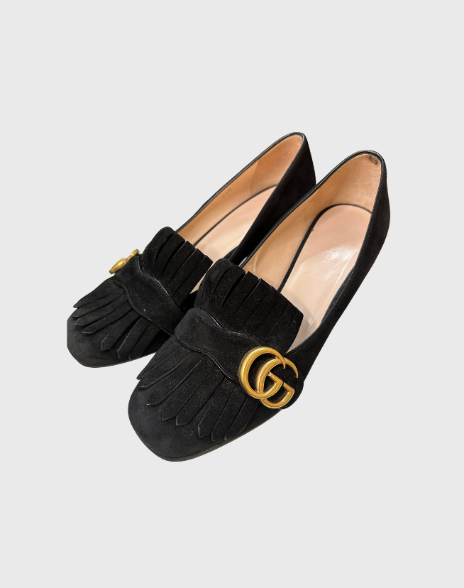 GUCCI MARMONT DOUBLE G FRINGED SUEDE MID-HEEL - SIZE 38