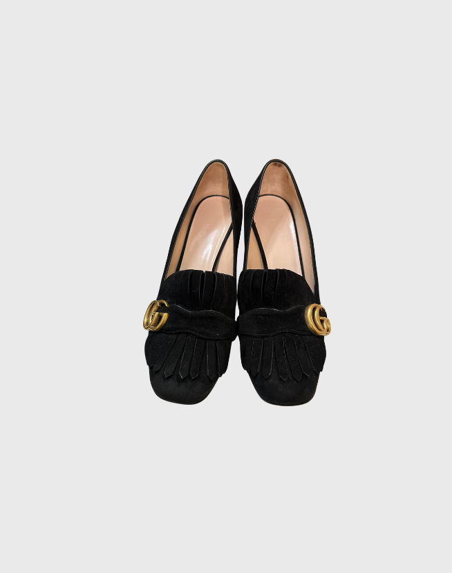 GUCCI MARMONT DOUBLE G FRINGED SUEDE MID-HEEL - SIZE 38