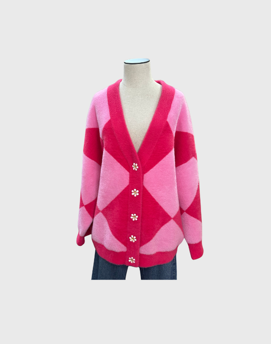 ESSENTIEL ANTWERP PINK HARLEQUIN PATTERNED KNIT CARDIGAN - SIZE XL