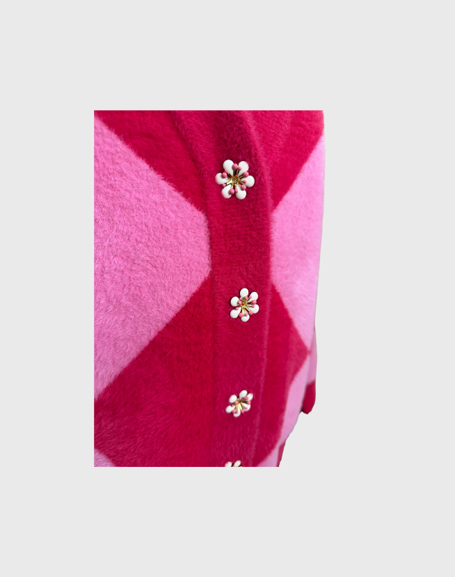 ESSENTIEL ANTWERP PINK HARLEQUIN PATTERNED KNIT CARDIGAN - SIZE XL