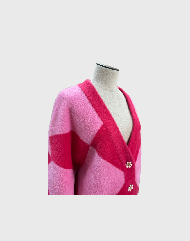 ESSENTIEL ANTWERP PINK HARLEQUIN PATTERNED KNIT CARDIGAN - SIZE XL