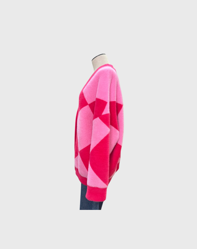 ESSENTIEL ANTWERP PINK HARLEQUIN PATTERNED KNIT CARDIGAN - SIZE XL
