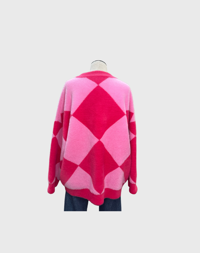 ESSENTIEL ANTWERP PINK HARLEQUIN PATTERNED KNIT CARDIGAN - SIZE XL