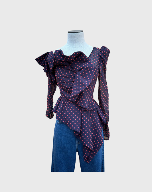 SELF PORTRAIT PLUMETIS FRILL TOP WITH RED DOT - SIZE 8