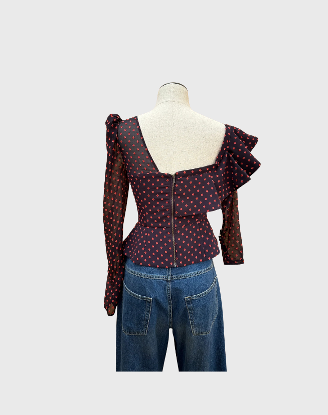 SELF PORTRAIT PLUMETIS FRILL TOP WITH RED DOT - SIZE 8