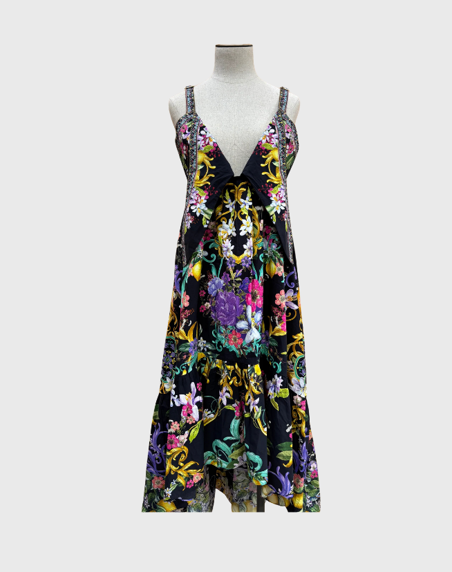 CAMILLA MEET ME IN MARCHESA TIE FRONT HIGH LOW DRESS - SIZE MEDIUM