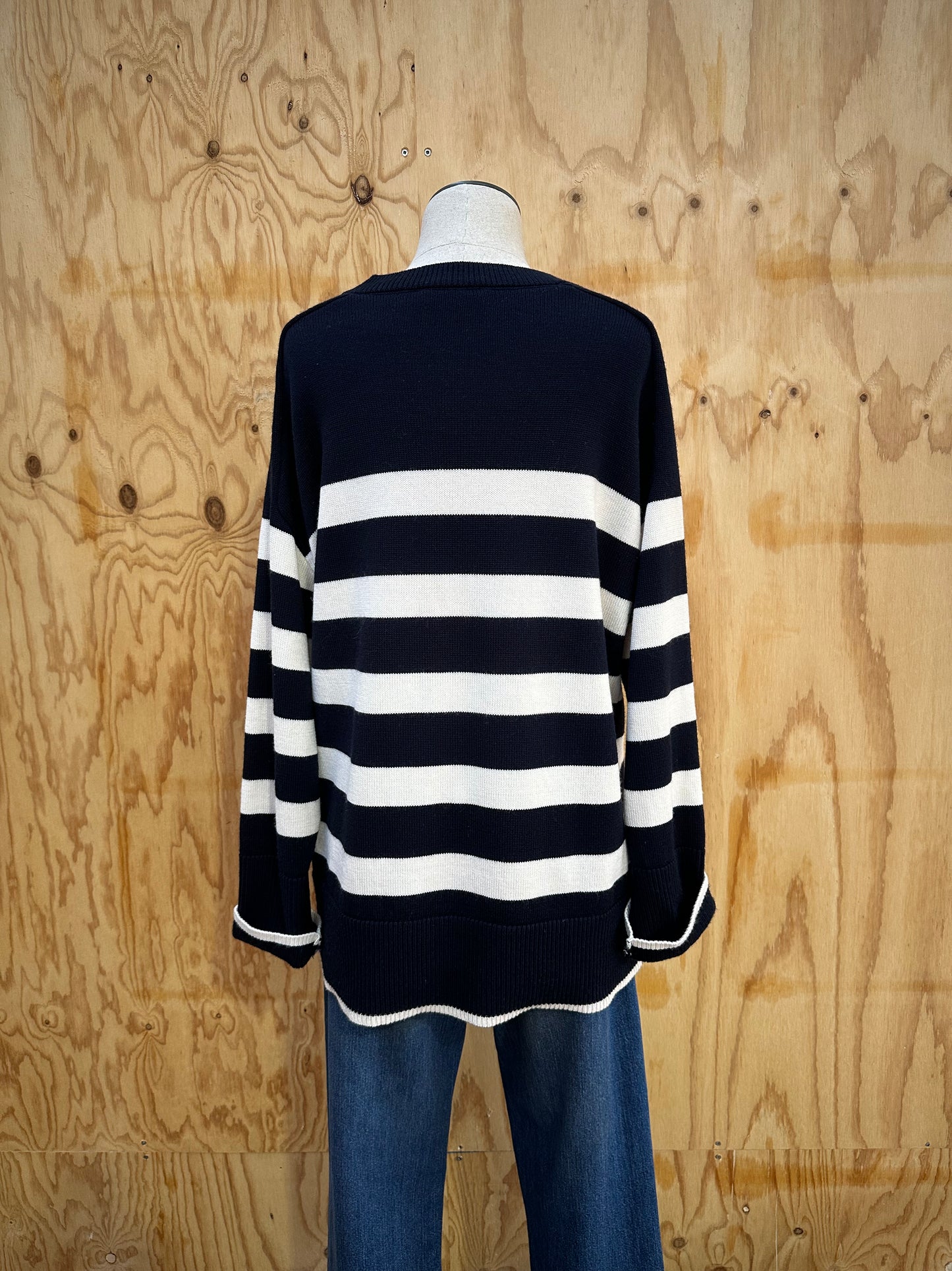 COS NAVY AND WHITE STRIPE JUMPER - SIZE LARGE