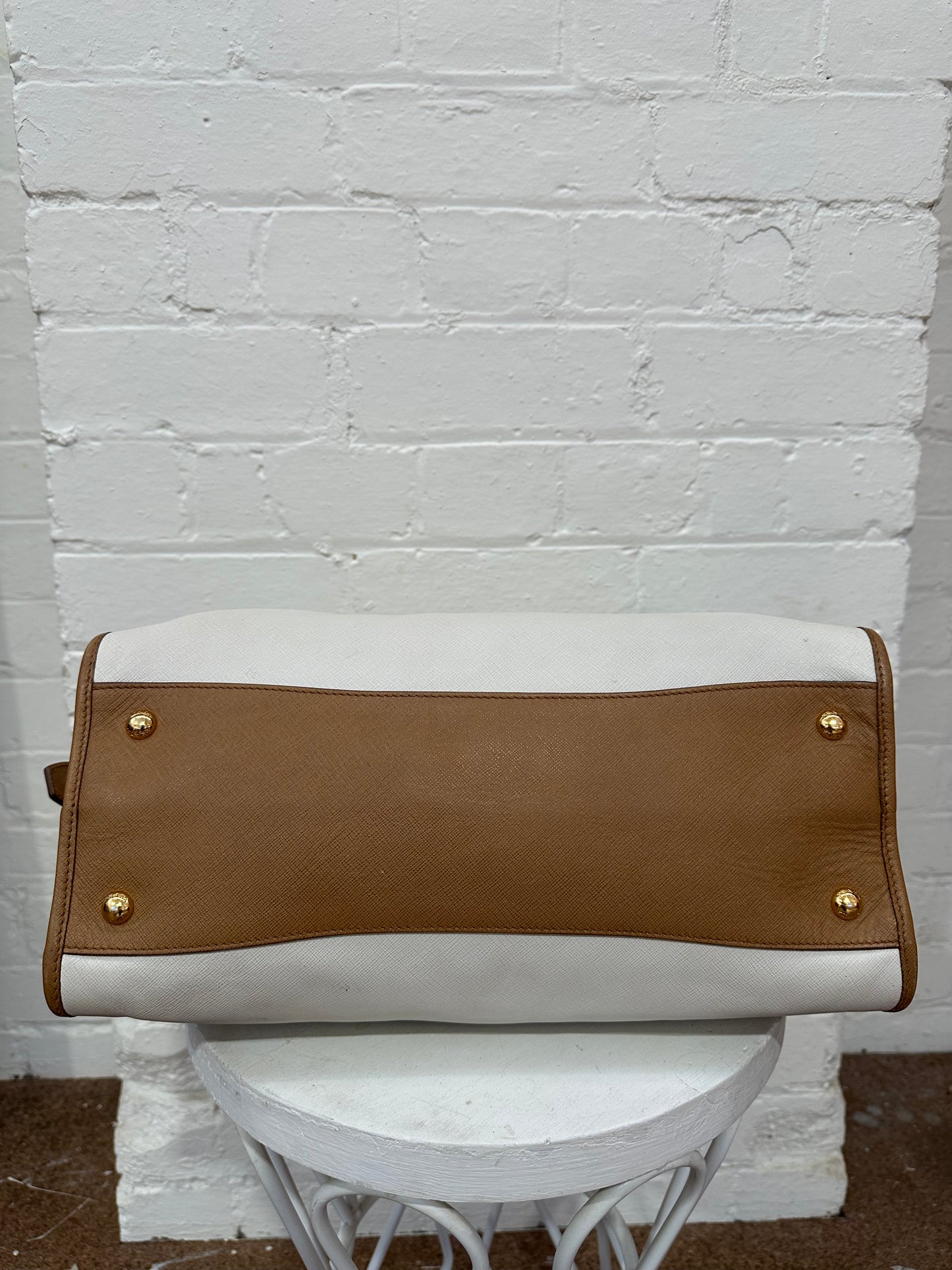 PRADA BROWN/OFF WHITE SAFFIANO LUX LEATHER CANAPA TOTE