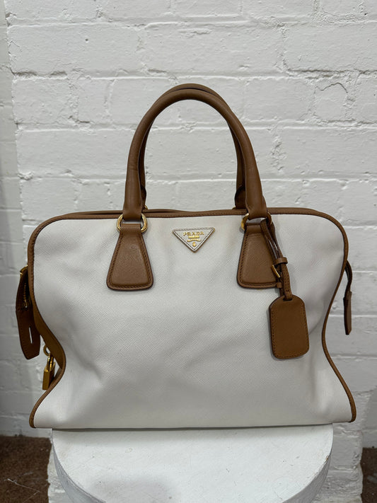 PRADA BROWN/OFF WHITE SAFFIANO LUX LEATHER CANAPA TOTE