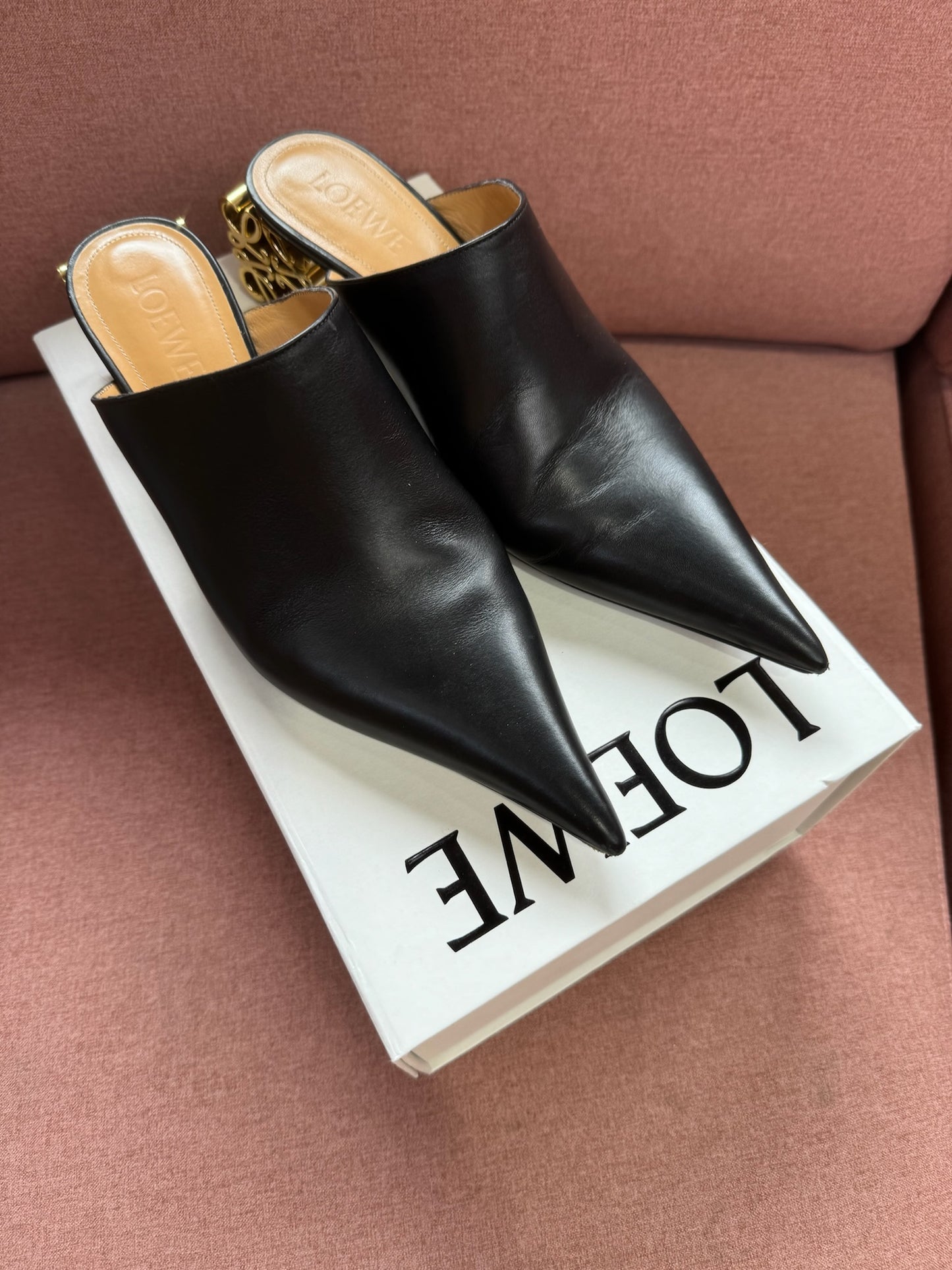 LOEWE ANAGRAM LEATHER LOGO HEEL MULES - SIZE 40