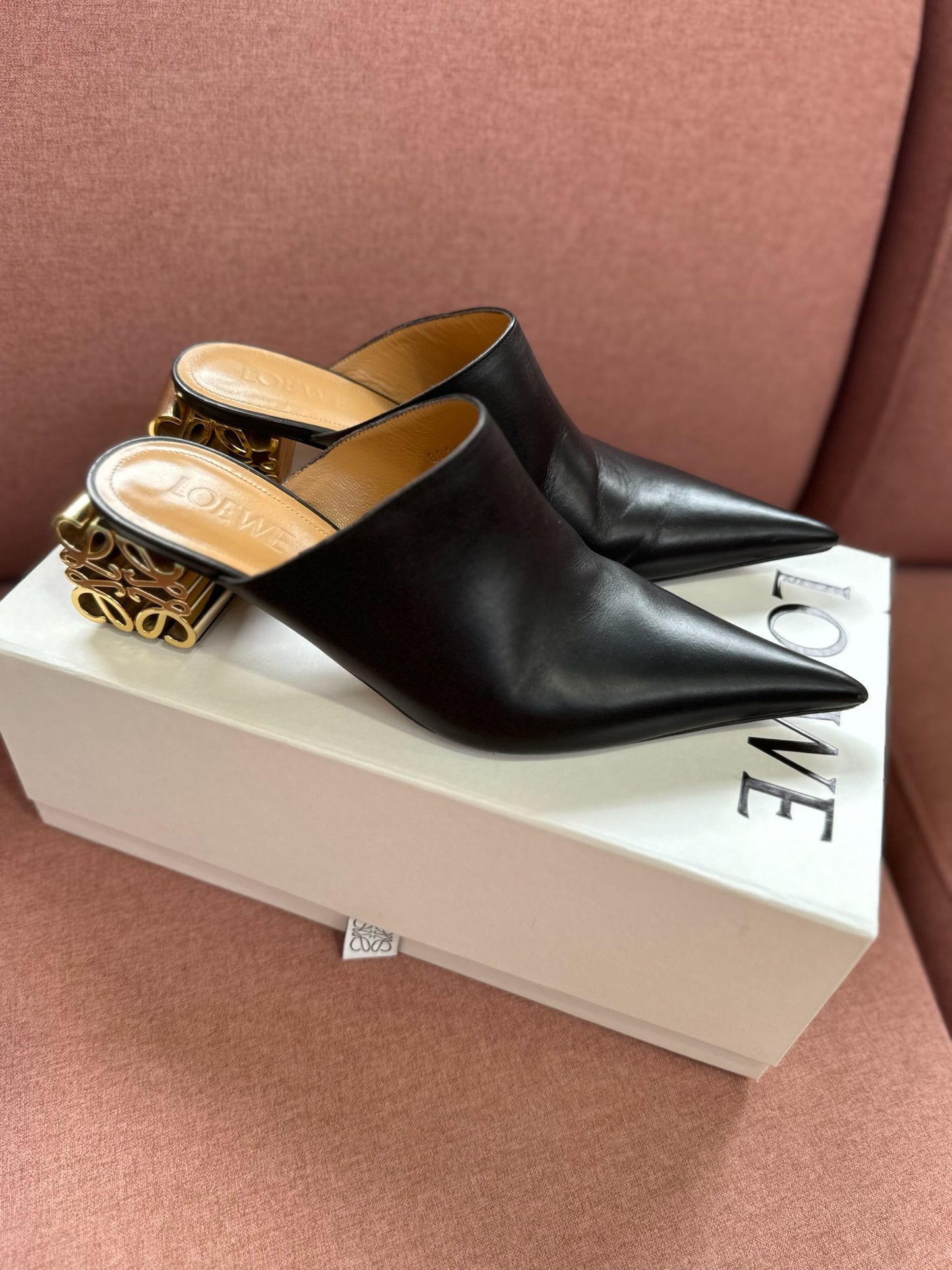 LOEWE ANAGRAM LEATHER LOGO HEEL MULES - SIZE 40