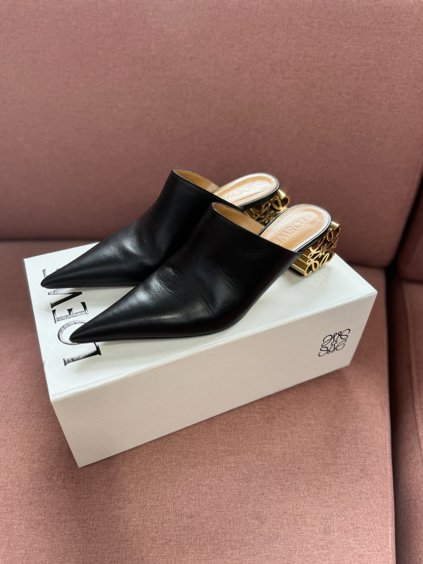 LOEWE ANAGRAM LEATHER LOGO HEEL MULES - SIZE 40