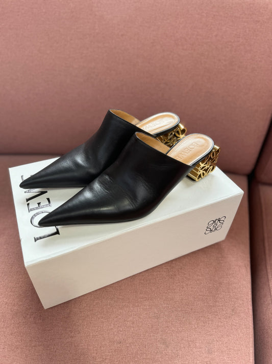 LOEWE ANAGRAM LEATHER LOGO HEEL MULES - SIZE 40
