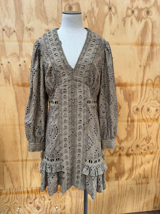 MINISTRY OF STYLE EMBROIDERY MINI DRESS IN OLIVE- SIZE 12