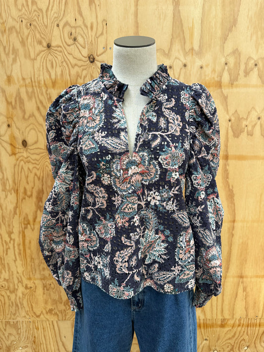 HUSK BRODERIE ANGLAISE NAVY FLORAL BLOUSE - SIZE 12