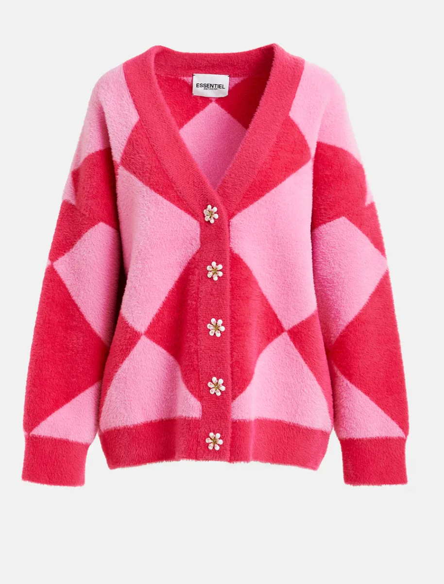 ESSENTIEL ANTWERP PINK HARLEQUIN PATTERNED KNIT CARDIGAN - SIZE XL