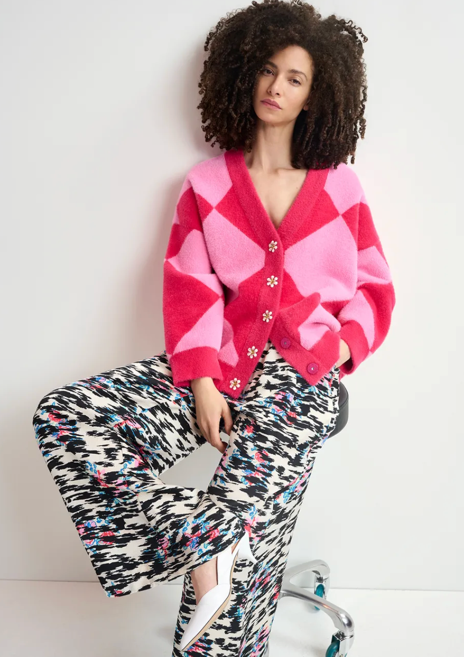 ESSENTIEL ANTWERP PINK HARLEQUIN PATTERNED KNIT CARDIGAN - SIZE XL