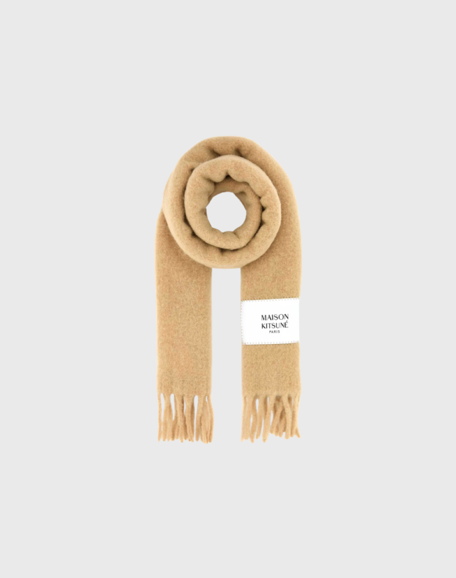 MAISON KITSUNE LOGO PATCH FRINGED KNIT SCARF - OS