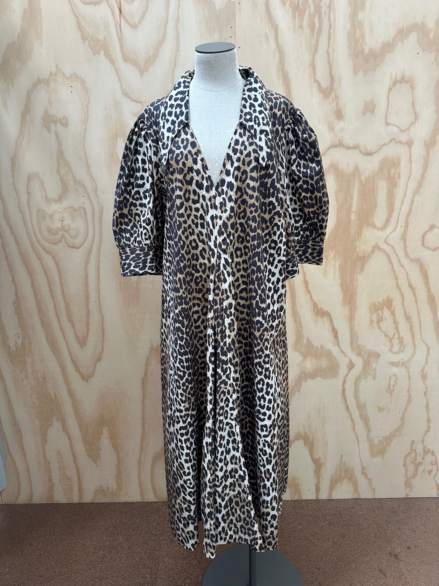 GANNI PUFF SLEEVE V NECK MIDI DRESS - SIZE 22