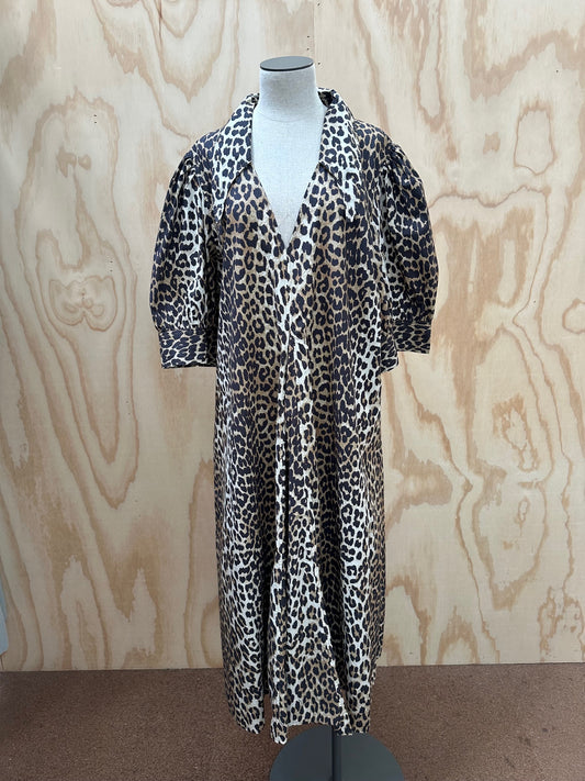 GANNI PUFF SLEEVE V NECK MIDI DRESS - SIZE 22