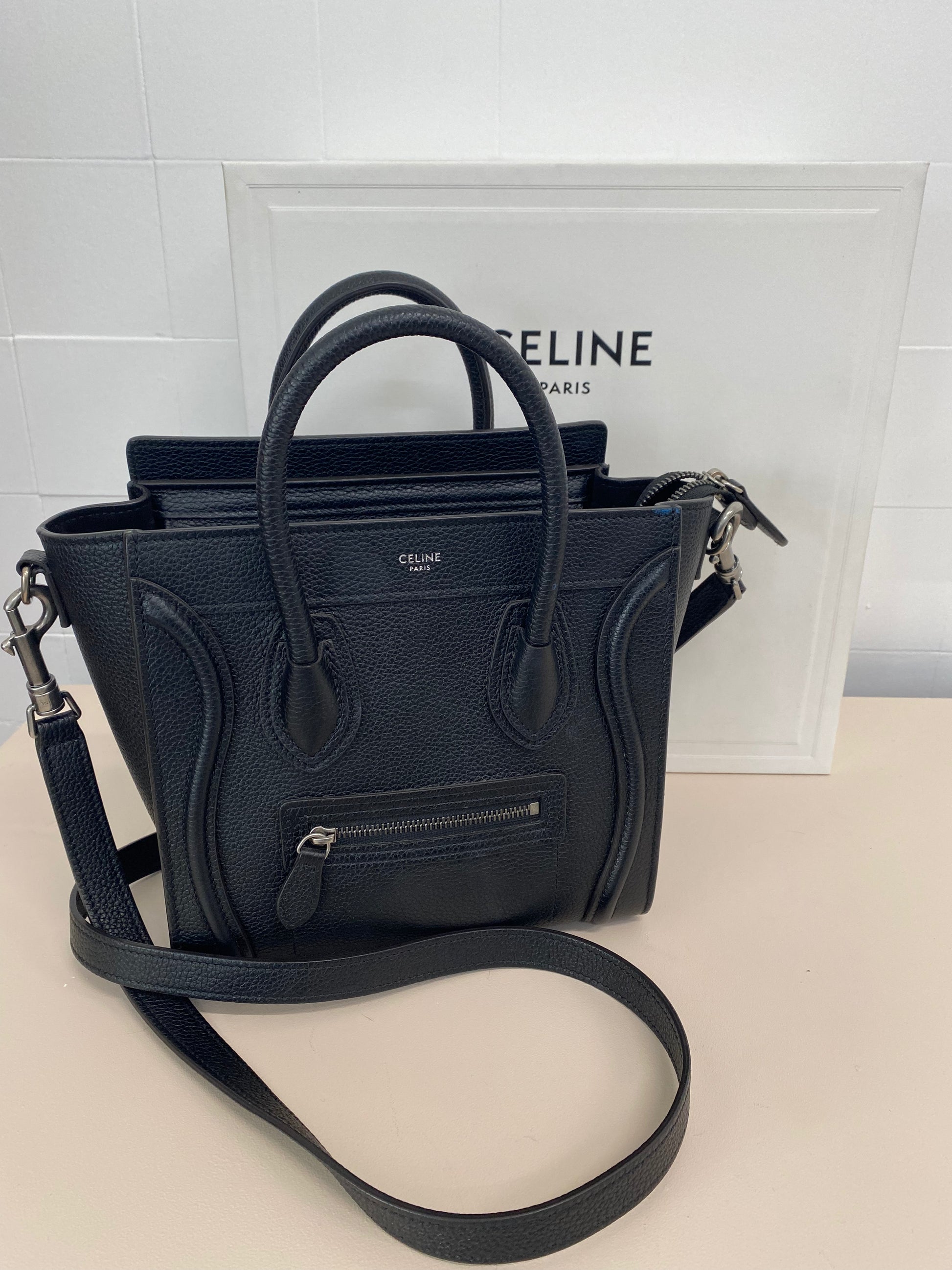 Celine drummed calfskin nano luggage black best sale